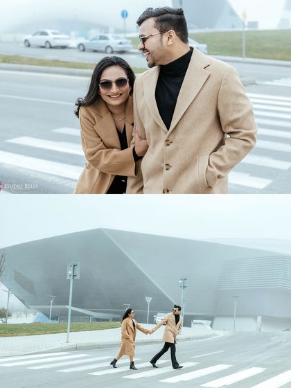 A collage showing the couple's happy and relaxed moments while exploring the modern side of Baku. These candid shots capture their genuine connection and joy.