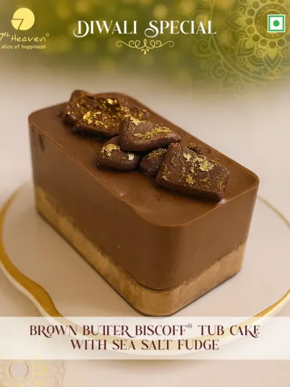 Indulge this Diwali with our Brown Butter Biscoff Tub Cake with Sea Salt Fudge. A tub full of sweetness with a touch of festive sparkle.