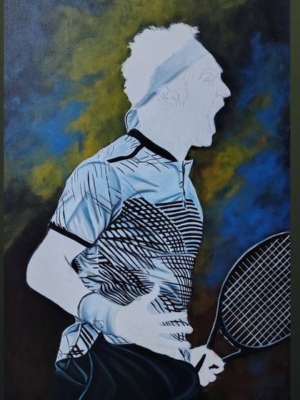 A progress shot of the Roger Federer canvas. You can see how the vibrant blue and yellow background is filled in, creating a high-contrast backdrop for the portrait.