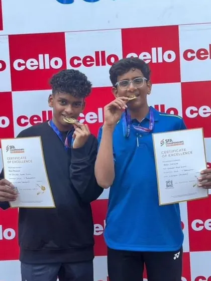 Our U-15 doubles champions from Sachivalaya Gymkhana proudly displaying their gold medals and certificates.