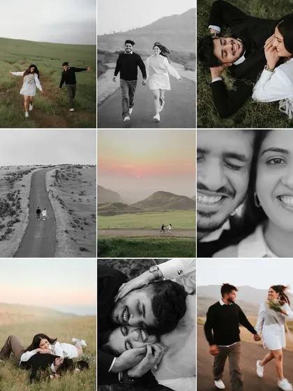 A collage showcasing the variety of shots from Monil and Charmi's countryside shoot. It includes wide landscapes, intimate black and white portraits, and playful, candid moments.