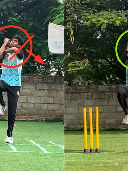 This off-spinner had a head tilt and his body weight was falling backward at the jump. We corrected this to achieve a relaxed, upright head position and better forward weight transfer.