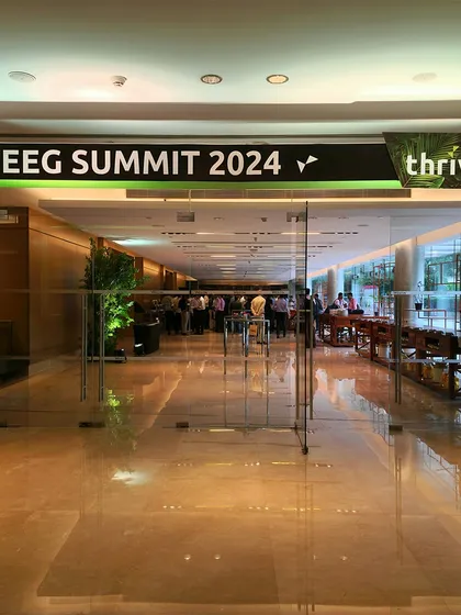 Clear and professional branding is key for corporate events. Here, we created clean overhead signage for the 'TEEG Summit 2024', ensuring guests can easily navigate the venue.