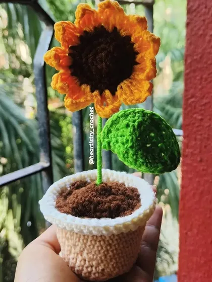 A detailed shot of the potted sunflower. You can see the texture of the crochet pot, the soil, and the bright, cheerful flower.