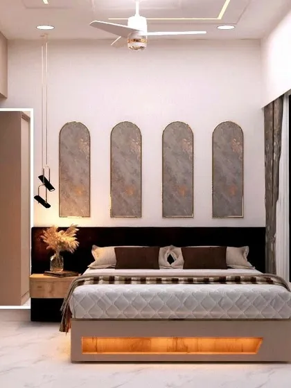 A render of the bedroom with arched panels, shown with bright, daytime lighting.