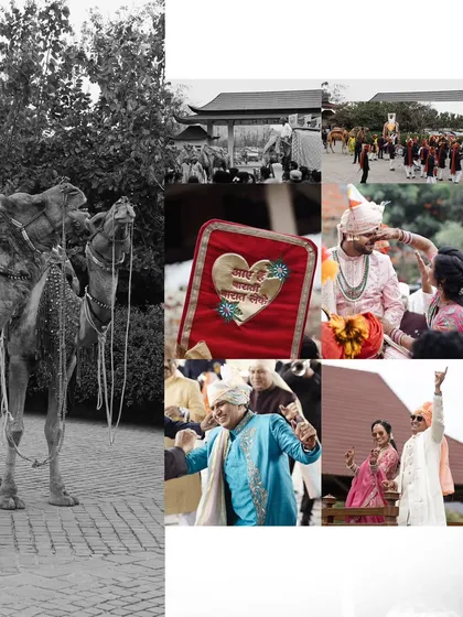 A collage capturing the essence of a traditional Indian wedding procession, complete with decorated camels, dancing family members, and sacred ritual books.
