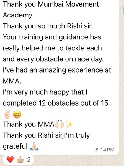 "Your training and guidance has really helped me to tackle each and every obstacle." A student expresses gratitude after completing 12 out of 15 obstacles at a race.