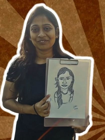 A stylized shot of Chaitanya with her caricature. A fun memento from a day at the park.