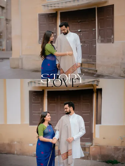 A diptych telling a "Love Story" in the city, showing the couple sharing a look and holding hands.
