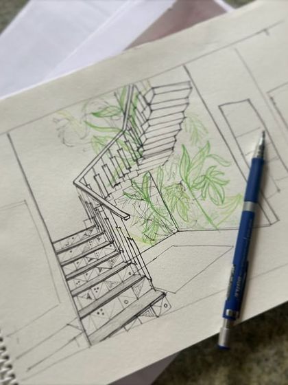 A throwback to the initial concept sketch for the Mathrukrupa staircase. This is where the idea for the biophilic mural and the open design first took shape.
