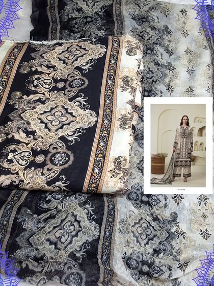 A sophisticated Karachi-style dress material in muslin fabric. The black and white digital print offers a classic and elegant look, suitable for formal events.