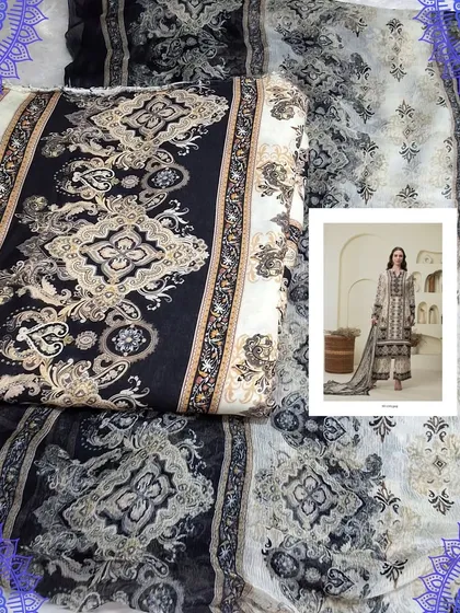 A beautiful Karachi pattern dress material in muslin fabric. The black and white digital print gives it a very modern and chic look, perfect for a stylish palazzo suit.