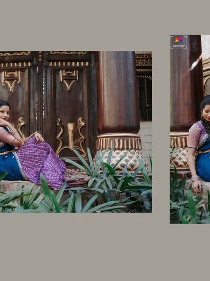 A portrait of the bride-to-be seated gracefully, her traditional saree beautifully spread out. The composition uses foreground elements to create a sense of depth.