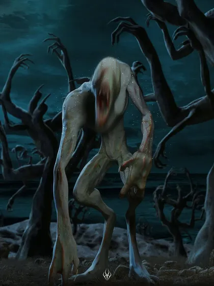 A full-body view of the 'Blind Demon', showing its lanky, unnatural proportions as it stands among a forest of grasping arms. This gives a better sense of the creature's complete design.