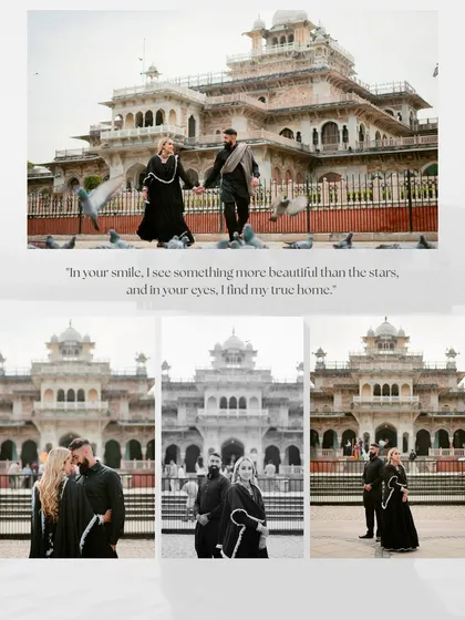 A creative shot with pigeons taking flight in front of Albert Hall Museum. We love incorporating dynamic elements like this to bring life and energy to your pre-wedding photos.