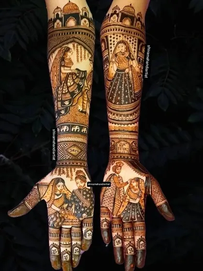 This design is rich with storytelling, featuring multiple scenes of the couple and their family during the wedding ceremonies.
