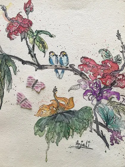 A delicate watercolor painting of lovebirds on a branch, with collaged paper butterflies. This piece combines different techniques to create a sweet, romantic scene.