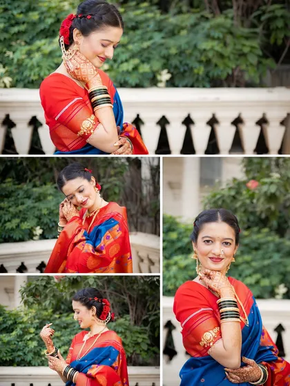 A collection of beautiful candid portraits of the bride, Isha. These shots capture her adjusting her jewelry and her joyful expressions, showing her natural grace and beauty.