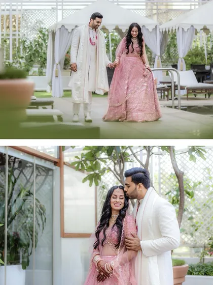 A two-panel image showcasing the couple walking by a poolside and sharing an intimate kiss. These photos capture both the grand setting and the close-up emotion of their celebration.