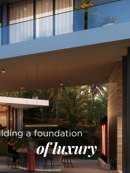 A render of the Sea Sky Villas, juxtaposed with the reality of its construction. This shows the vision we are working towards, a design deeply rooted in its natural surroundings.