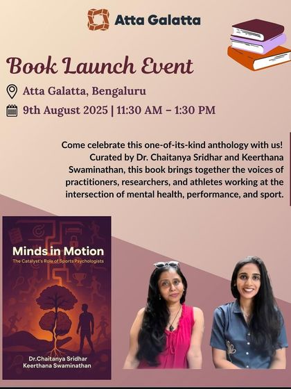 Poster for the book launch of 'Minds in Motion', a unique anthology on sports psychology in India.