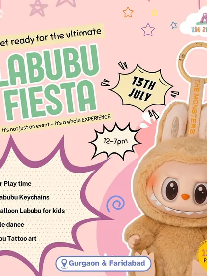 The ultimate Labubu Fiesta is here. This poster announces a special character-themed event with DIY Labubu keychains, bubble dance, and Labubu tattoo art.