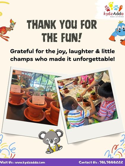 A thank you graphic expressing our gratitude to the little champs who made our summer camp an unforgettable experience, featuring photos of their planting activity.