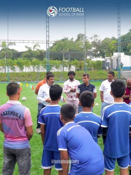 Our coaches and leadership address a group of young, aspiring players at the inauguration of our Pune facility. This moment captures the beginning of many new football journeys at our academy.