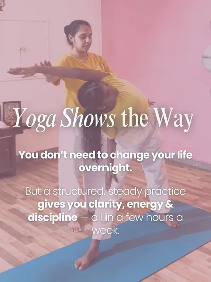 A structured and steady practice brings clarity, energy, and discipline. Here, an instructor assists a student in Trikonasana (Triangle Pose), ensuring proper alignment to maximize the posture's benefits.