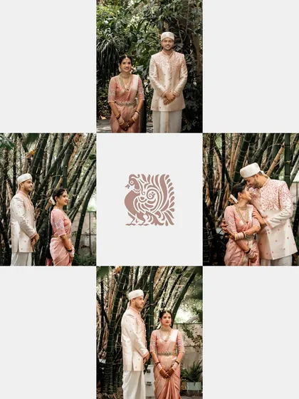 A creative collage of a couple's wedding portraits. The use of a graphic element and multiple angles against a bamboo backdrop makes for a unique visual memory.