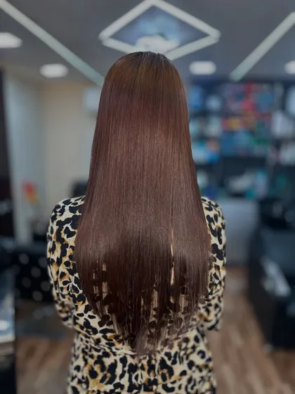 The back view of a stunning global brown color. The hair is sleek, straight, and reflects light beautifully.