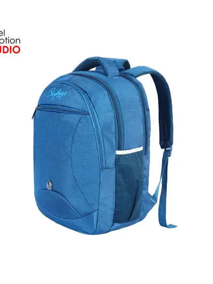 A three-quarter view of a blue Skybags backpack, showing its form and side pockets.