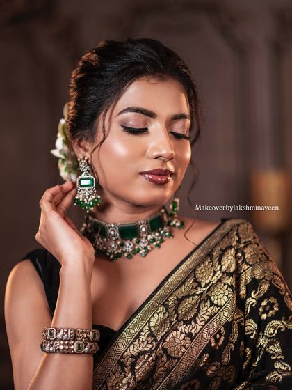 A close-up of the eye makeup, showing the soft blending and shimmer.