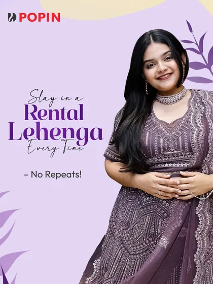 Slay in a rental lehenga every time, no repeats. This graphic features a beautiful violet lehenga, promoting the benefit of variety.
