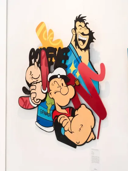 My Popeye artwork on display at a gallery. It's always cool to see these 3D pieces hanging on a clean wall, where the depth and colors can really shine.