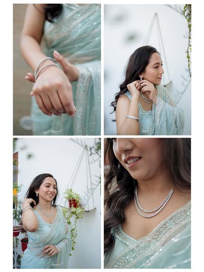 A collage of the bride getting ready, highlighting the delicate jewelry and her radiant smile.
