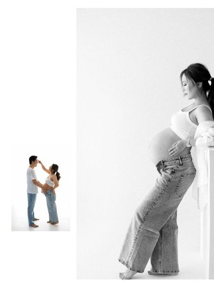 A collage that mixes a beautiful solo portrait with a playful couple's shot. This shows the variety we can achieve even in a minimalist setting.