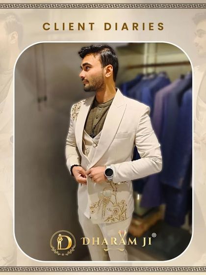 This client is wearing a stunning off-white three-piece suit with gold floral embroidery. It's a perfect look for a reception or engagement party.