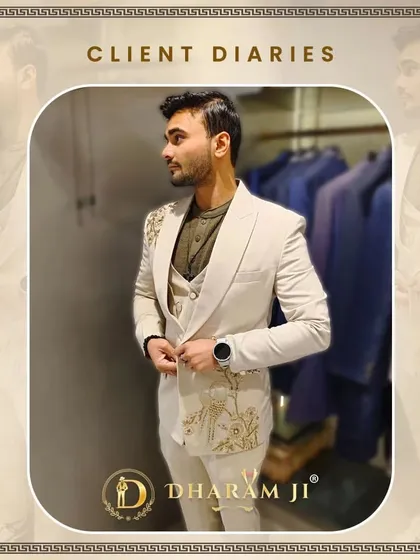 This client chose an off-white three-piece suit with beautiful gold floral embroidery. He looks absolutely regal and ready for a wedding celebration.
