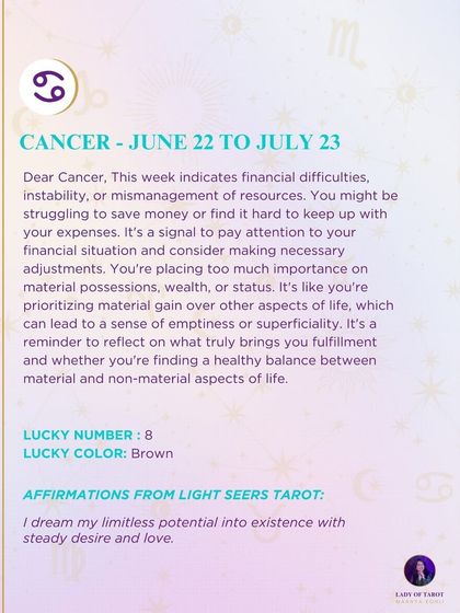 This weekly forecast for Cancer addresses financial difficulties and the over-prioritization of material gain. It’s a reminder to reflect on what truly brings you fulfillment.
