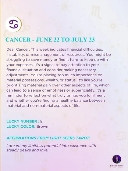 This week's tarot guidance for Cancer. The reading indicates financial difficulties or instability, reminding you to reflect on what truly brings you fulfillment.