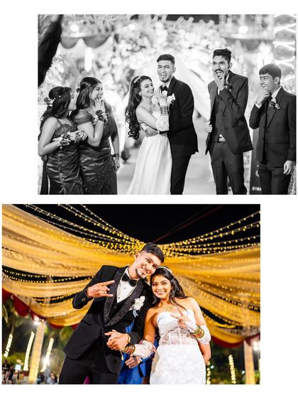 A diptych showing the couple with their friends. One shot is a candid moment with the bridesmaids, the other a fun pose with the groomsmen.