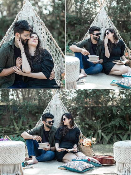 A collage capturing a cozy and casual picnic theme. The couple is seen relaxing in a teepee, reading and sharing a moment, showcasing a more laid-back and intimate style of pre-wedding shoot.