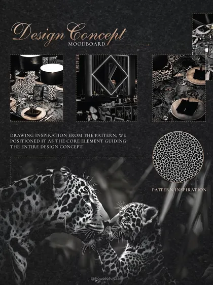 Every great design begins with a powerful idea. This moodboard for a "Dark Club" themed event shows our process of building a narrative, starting with a core pattern inspiration that guides every design choice.