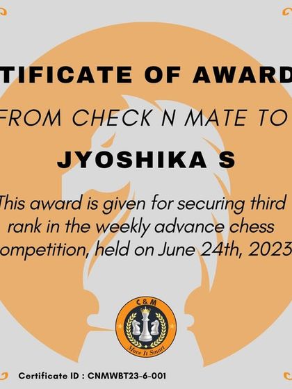 A certificate of awarding for Jyoshika S for securing the third rank in our weekly advanced chess competition.