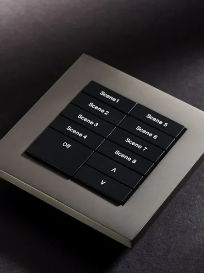 A modular scene controller from Rako Controls allows you to activate complex lighting scenes with a single button. You can have presets like 'Dinner', 'Movie', or 'Welcome Home' for instant ambiance.