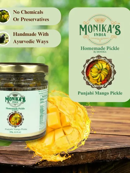 I am proud to make my Punjabi Mango Pickle the old-fashioned way. It's handmade with Ayurvedic methods and contains no chemicals or preservatives, just the pure, tangy taste of real mangoes and spices.