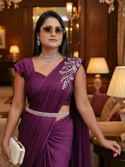 A moment of elegance at the Jai Mahal Palace in Jaipur. The rich heritage of the venue called for a sophisticated look, and this purple saree with a diamond choker was the perfect choice.