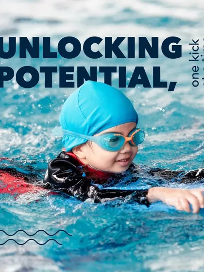 This is our core belief: unlocking potential, one kick at a time. This image of a young swimmer focused and determined, using a kickboard to build strength, perfectly captures the spirit of growth and achievement we foster.