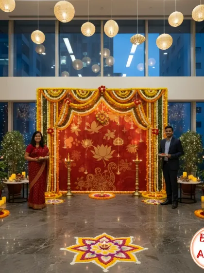 A beautiful backdrop sets the stage for any event. For this corporate Diwali party, I designed a stunning red and gold fabric backdrop with lotus motifs, framed by marigold garlands and traditional brass lamps, creating an elegant and traditional photo opportunity.